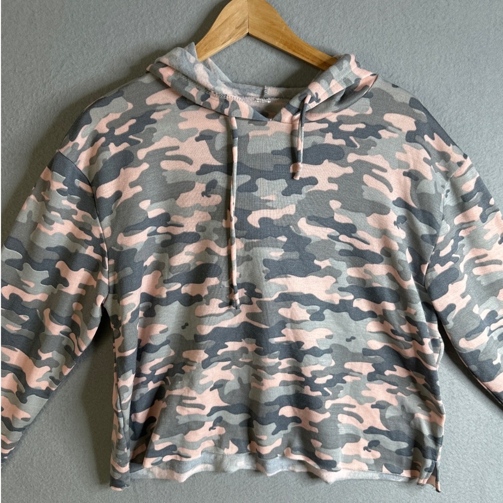 Womens Camouflage Print Hoodie Large Long Sleeve Drawstring Pullover Top Cropeed